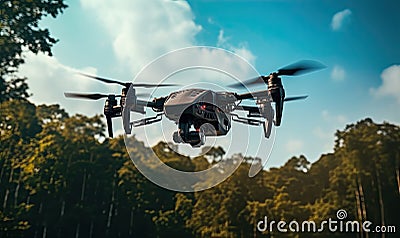 Military fpv drone hovering over a vast desert landscape with distant mountains. Created with generative AI tools Stock Photo