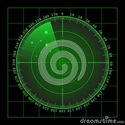 Military green radar screen with target. Futuristic HUD interface. Stock vector illustration. Vector Illustration