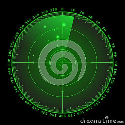 Military green radar screen with target. Futuristic HUD interface. Stock vector illustration. Vector Illustration