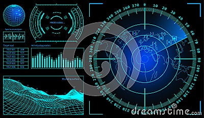 Military green radar. Wireframe landscape . Screen with target. Futuristic HUD interface. Stock vector illustration Vector Illustration