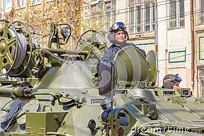 Military greeting by the commander of the crew of armored vehicles at a parade rehearsal on a city street Editorial Stock Photo