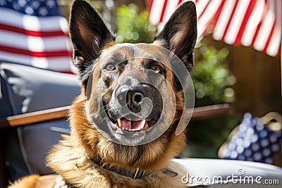 Military guard german shepherd, working dog on the street on a sunny day, with American flags in the background. Remembrance Day Stock Photo