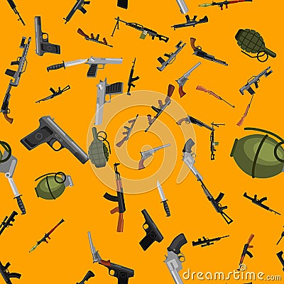 Military gun seamless pattern, automatic and hand weapon in magazine barrel with bullets for protection shoting or war Vector Illustration