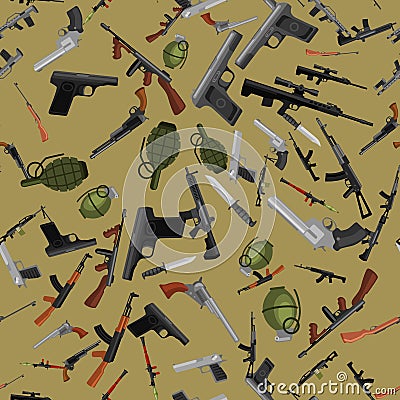 Military gun seamless pattern, automatic and hand weapon in magazine barrel with bullets for protection shoting or war Vector Illustration