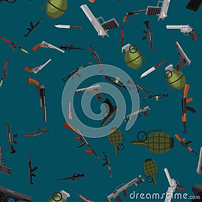 Military gun seamless pattern, automatic and hand weapon in magazine barrel with bullets for protection shoting or war Vector Illustration