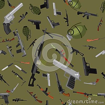 Military gun seamless pattern, automatic and hand weapon in magazine barrel with bullets for protection shoting or war Vector Illustration