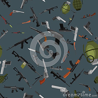 Military gun seamless pattern, automatic and hand weapon in magazine barrel with bullets for protection shoting or war Vector Illustration