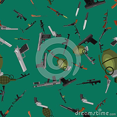 Military gun seamless pattern, automatic and hand weapon in magazine barrel with bullets for protection shoting or war Vector Illustration