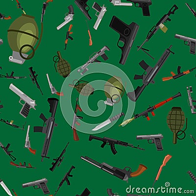 Military gun seamless pattern, automatic and hand weapon in magazine barrel with bullets for protection shoting or war Vector Illustration