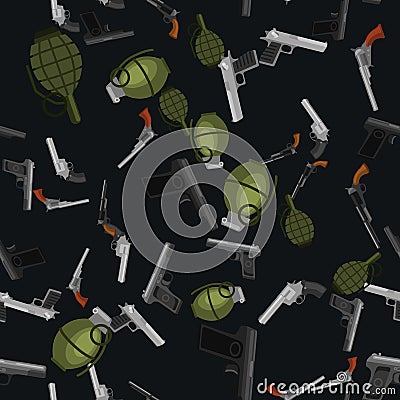 Military gun seamless pattern, automatic and hand weapon in magazine barrel with bullets for protection shoting or war Vector Illustration