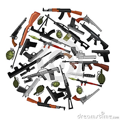 Military gun set, automatic and hand weapon in magazine barrel with bullets for protection shoting or war collection Vector Illustration