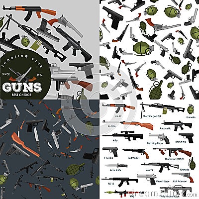 Military gun set, automatic and hand weapon in magazine barrel with bullets for protection shoting or war collection Vector Illustration