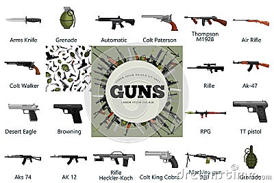 Military gun set, automatic and hand weapon in magazine barrel with bullets for protection shoting or war collection Vector Illustration