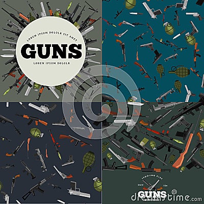 Military gun set, automatic and hand weapon in magazine barrel with bullets for protection shoting or war collection Vector Illustration