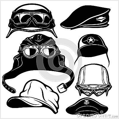 Military Hats - vector set isolated on white. Headdresses caps helmet Vector Illustration