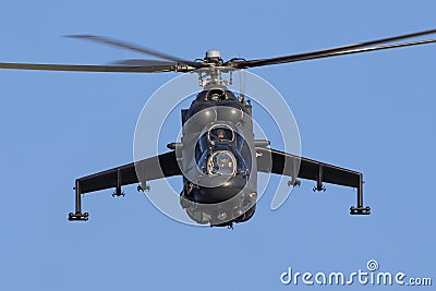 Military helicopter at air base. Air force flight operation. Aviation and aircraft. Air defense. Military industry. Fly and flying Editorial Stock Photo