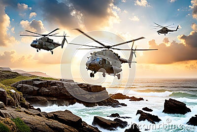 Military helicopter flying in sky over sea during military operation Navy helicopter flying in warzone, AI Generated Stock Photo