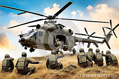 Military helicopter flying in sky over sea during military operation Navy helicopter flying in warzone, AI Generated Stock Photo