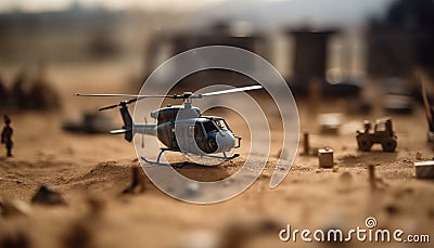 Military helicopter hovering mid air, propeller blades spinning generated by AI Stock Photo