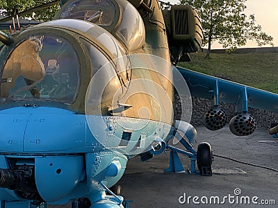 Military helicopter at the site. Open-air museum of military equipment Editorial Stock Photo