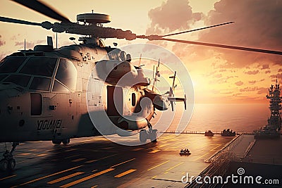 Military helicopter on warship board at sunset. Navy helicopter on board the aircraft carrier in the sea. Created with Stock Photo