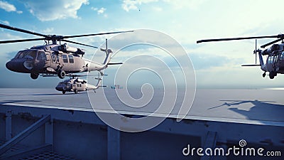 Military helicopters Blackhawk take off from an aircraft carrier at clear day in the endless blue sea. 3D Rendering Stock Photo