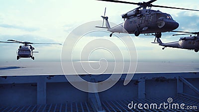 Military helicopters Blackhawk take off from an aircraft carrier at clear day in the endless blue sea. 3D Rendering Stock Photo