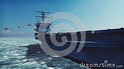 Military helicopters Blackhawk take off from an aircraft carrier at clear day in the endless sea. 3D Rendering Stock Photo