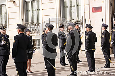 Military honor picket at the exit of the newlyweds in Cervantes square in Alcala de Henares Editorial Stock Photo