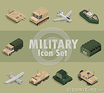 Military icons set with aircrafts, truck, tanks, warship isometric design Vector Illustration