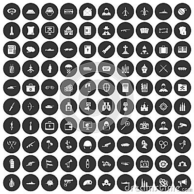 100 military icons set black circle Cartoon Illustration