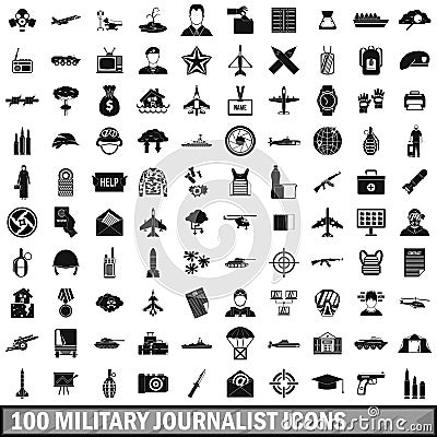 100 military journalist icons set, simple style Vector Illustration