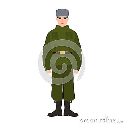 Military man of Russian armed force wearing army uniform and fur hat. Soldier or infantryman isolated on white Vector Illustration