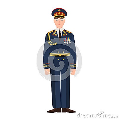 Military man of Russian armed force wearing full dress uniform. Infantryman on parade isolated on white background. Male Vector Illustration