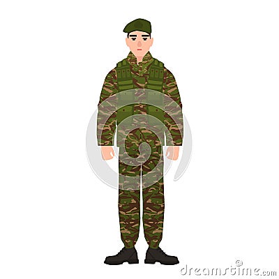 Military man or serviceman dressed in army camouflage uniform. Soldier, footman or infantryman isolated on white Vector Illustration