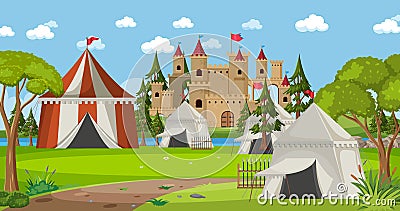 Military medieval camp with tents and castle Vector Illustration