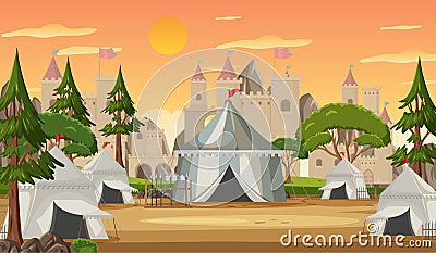 Military medieval camp with tents and castle Vector Illustration
