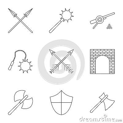 Military middle ages icons set, outline style Vector Illustration