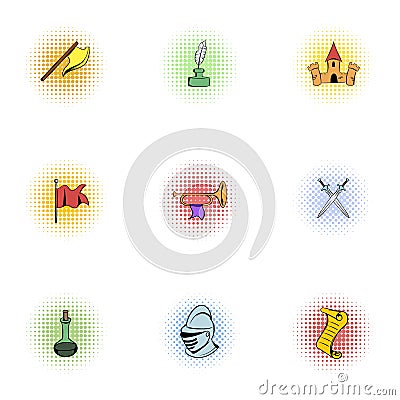 Military middle ages icons set, pop-art style Vector Illustration