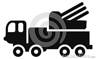 Military missile launcher truck. Army transport black icon Vector Illustration