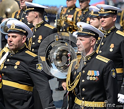 Military musicians at the dress rehearsal of the Victory day parade on Moscow red square Editorial Stock Photo