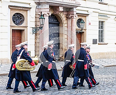 Military musicians soldiers marching to the entrance of the Pra Editorial Stock Photo