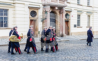 Military musicians soldiers marching to the entrance of the Pra Editorial Stock Photo