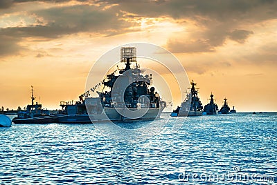 Military navy ships in a sea bay Stock Photo