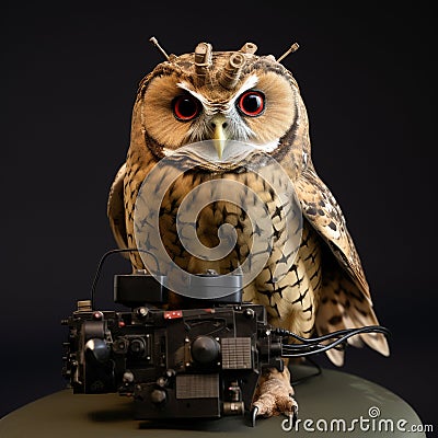 Military owl with radio controller. AI Generated Stock Photo