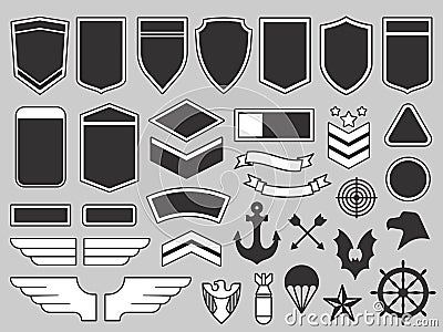 Military patches. Army soldier emblem, troops badges and air force insignia patch design elements vector set Vector Illustration