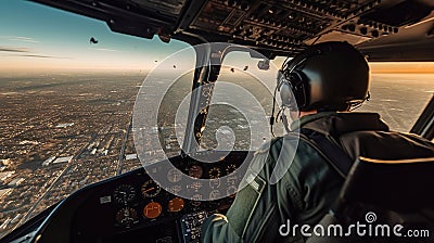 Urban Skies, The View from the Cockpit of a Military Helicopter. Generative AI Stock Photo