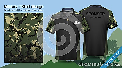 Military polo t-shirt design, with camouflage print clothes for jungle, hiking trekking or hunter, Vector eps10 file Vector Illustration