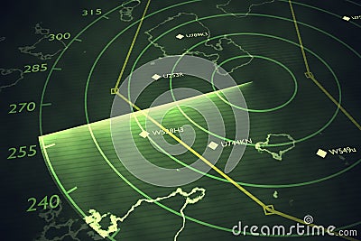 Military radar screen is scanning air traffic. 3D rendered illustration Cartoon Illustration