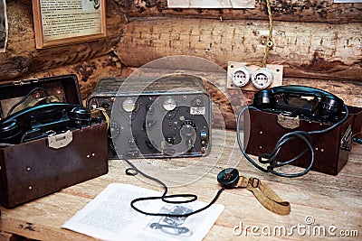 Military radio station and telephone of soviet partisans in war Editorial Stock Photo